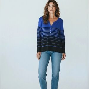 100% Marino Wool  Sweater Front Buttons NWOT long sleeves Blue/Black